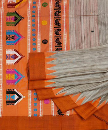 Beige Orange Sambalpuri Handwoven Dolabedi Tussar Silk Saree