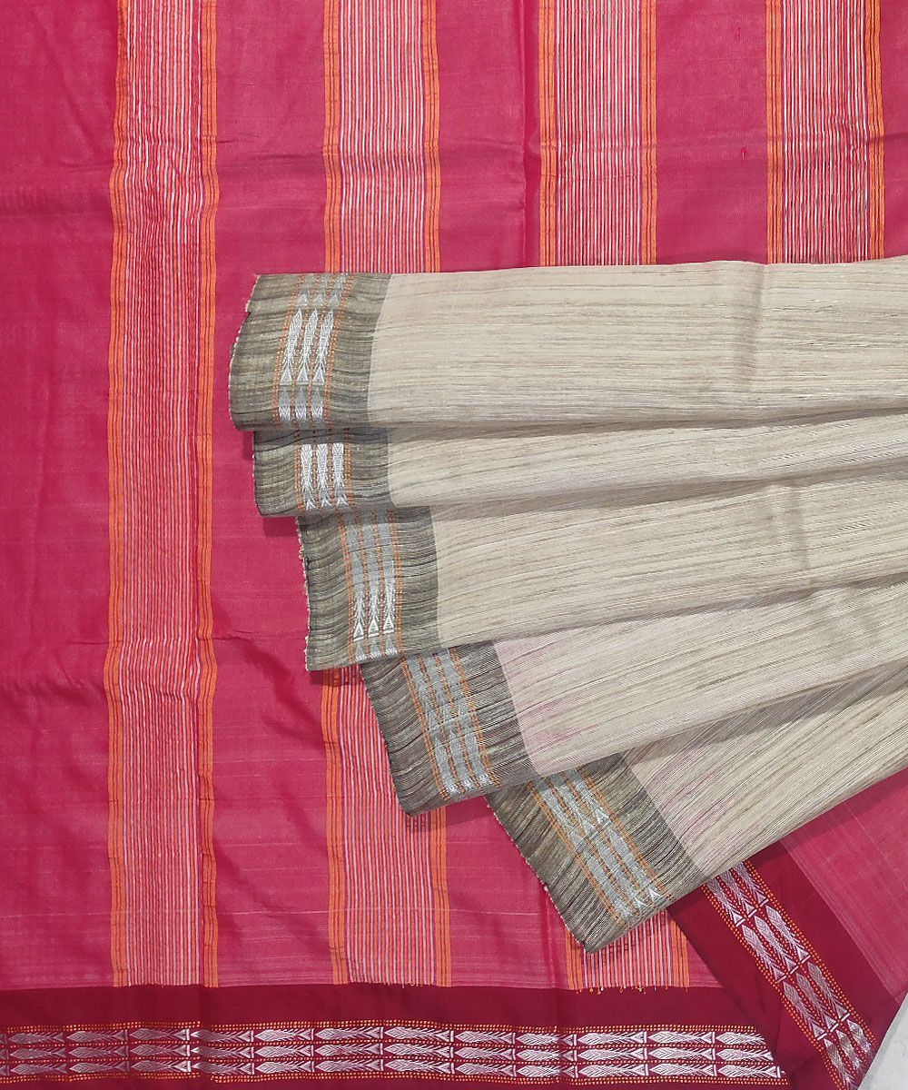 Beige Red Sambalpuri Handwoven Bidarbha Tussar Silk Saree