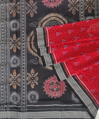 Red Black Sambalpuri Handwoven Single Ikat Cotton Saree