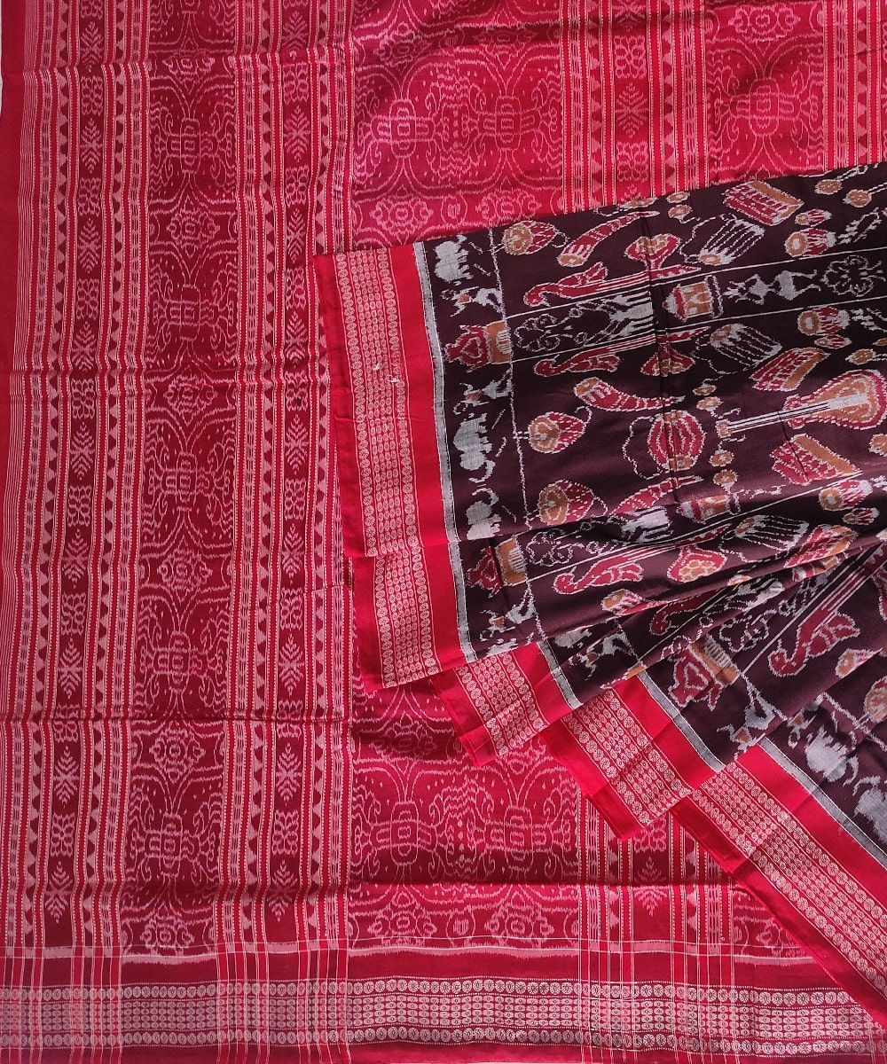 Cofee Red Sambalpuri Handwoven Single Ikat Cotton Saree