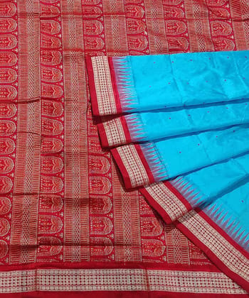 Sky Blue Red Handwoven Bomkei Silk Saree With Blouse Piece SFSSAR0333