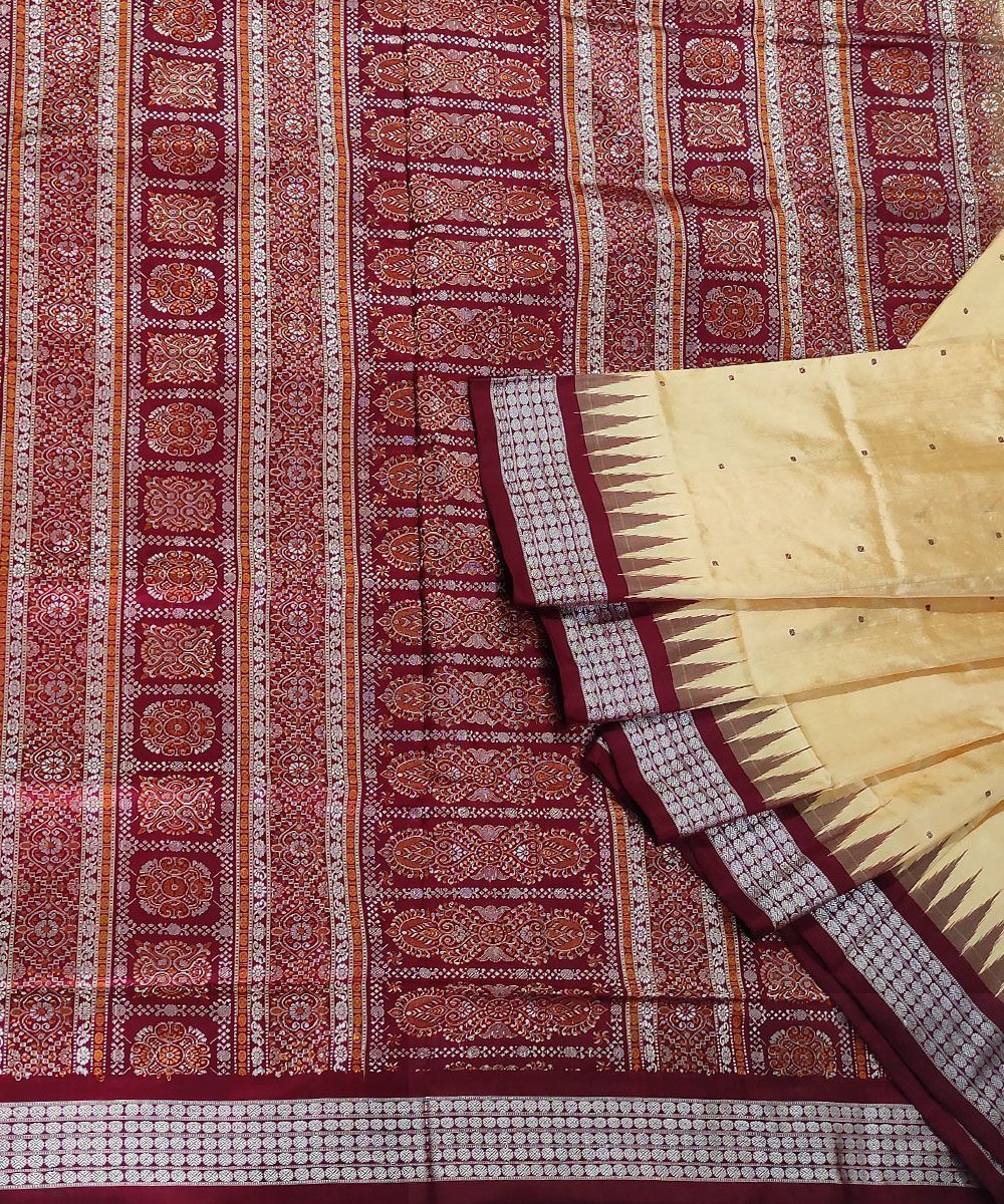 Cream Maroon Handwoven Bomkei Silk Saree With Blouse Piece