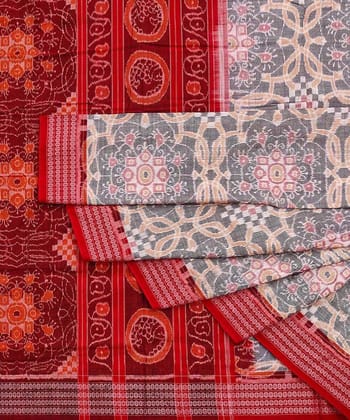 Gray Red Sambalpuri Handwoven Single Ikat Cotton Saree With Blouse Piece