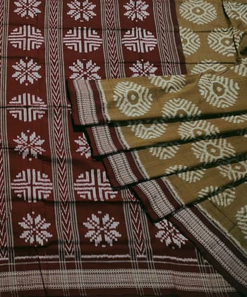 Olivegreen Maroon Sambalpuri Handwoven Single Ikat Cotton Saree With Blouse Piece