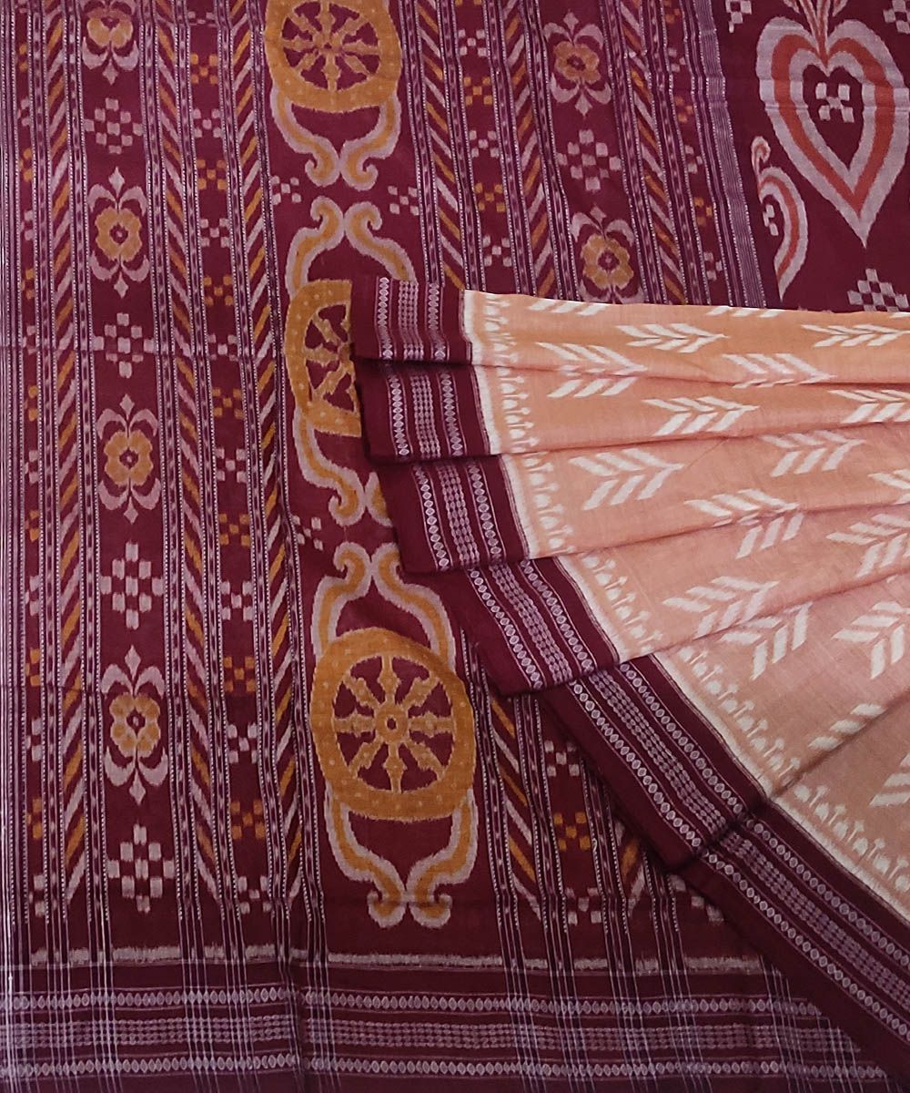 Peach Taffy Maroon�Sambalpuri Handwoven Single Ikat Cotton Saree with Blouse Piece