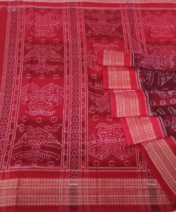 Maroon Red�Sambalpuri Handwoven Single Ikat Cotton Saree with Blouse Piece