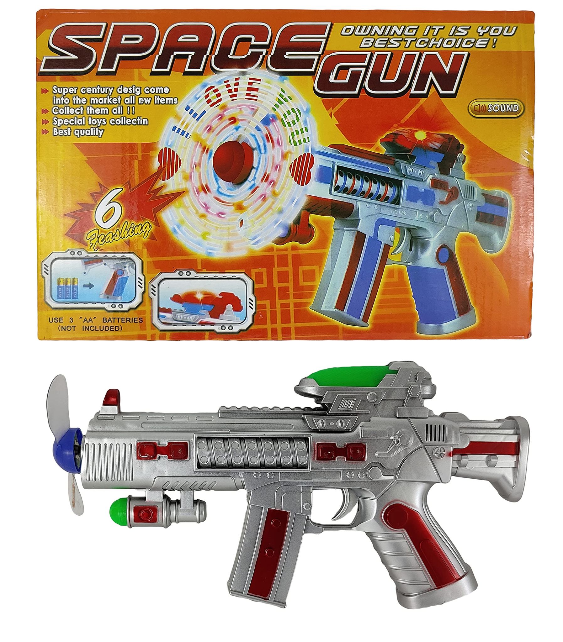 Humaira Space Fan Gun Electric Battery Operated with Rotating Fan, Flashing Light and Music Sound for Kids Boys