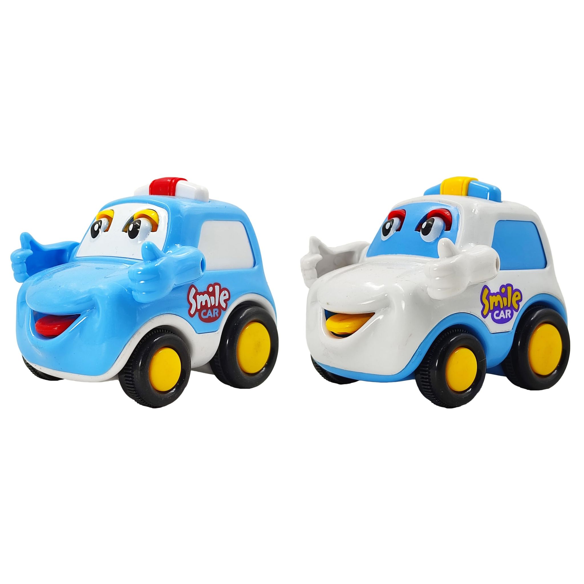 Humaira Mini Smile Car Friction Push and Go Inertia Powered Car Toy for Kids Toddlers, Blue White (Pack of 2)