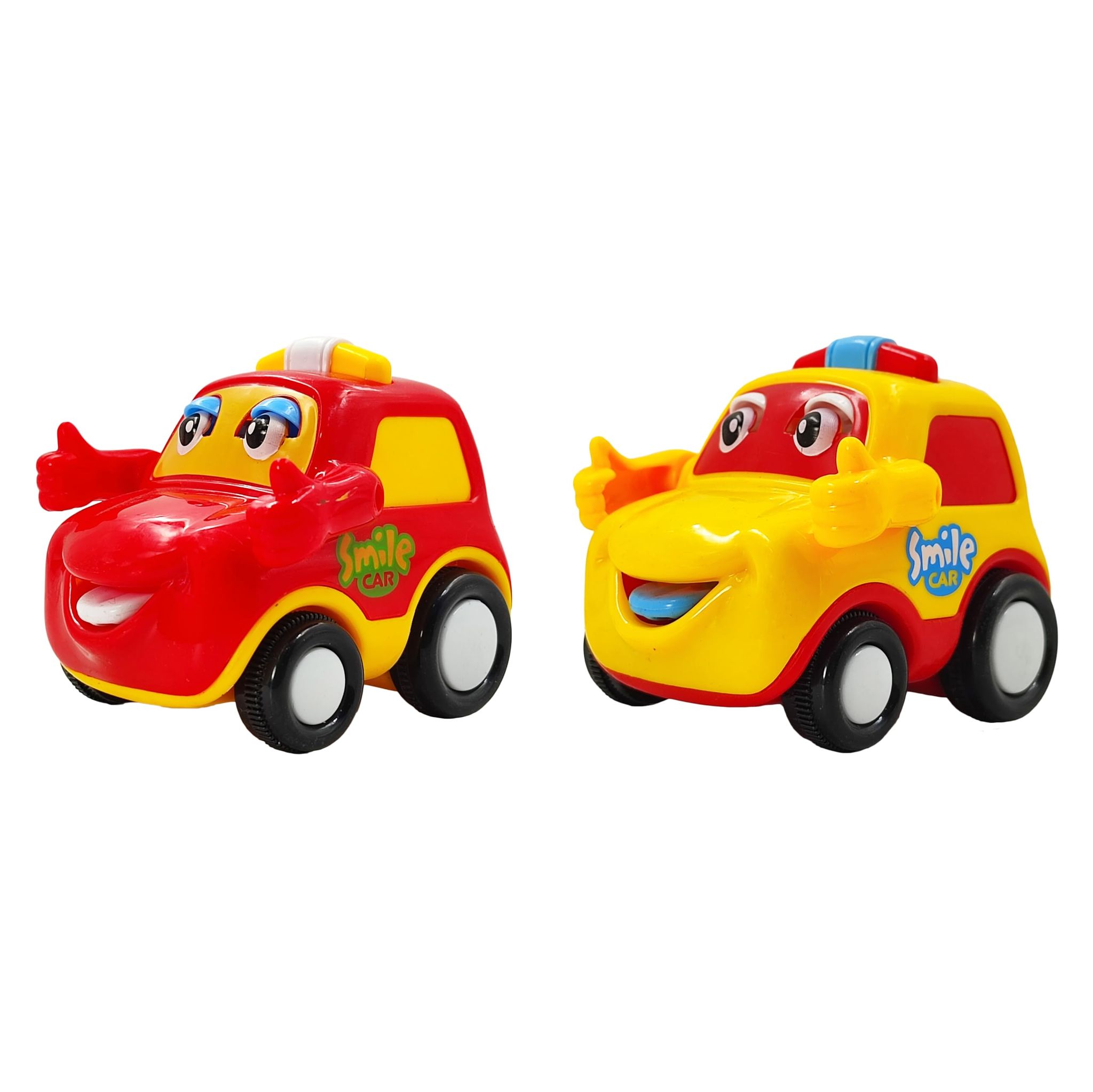 Humaira Mini Smile Car Friction Push and Go Inertia Powered Car Toy for Kids Toddlers, Red Yellow (Pack of 2)