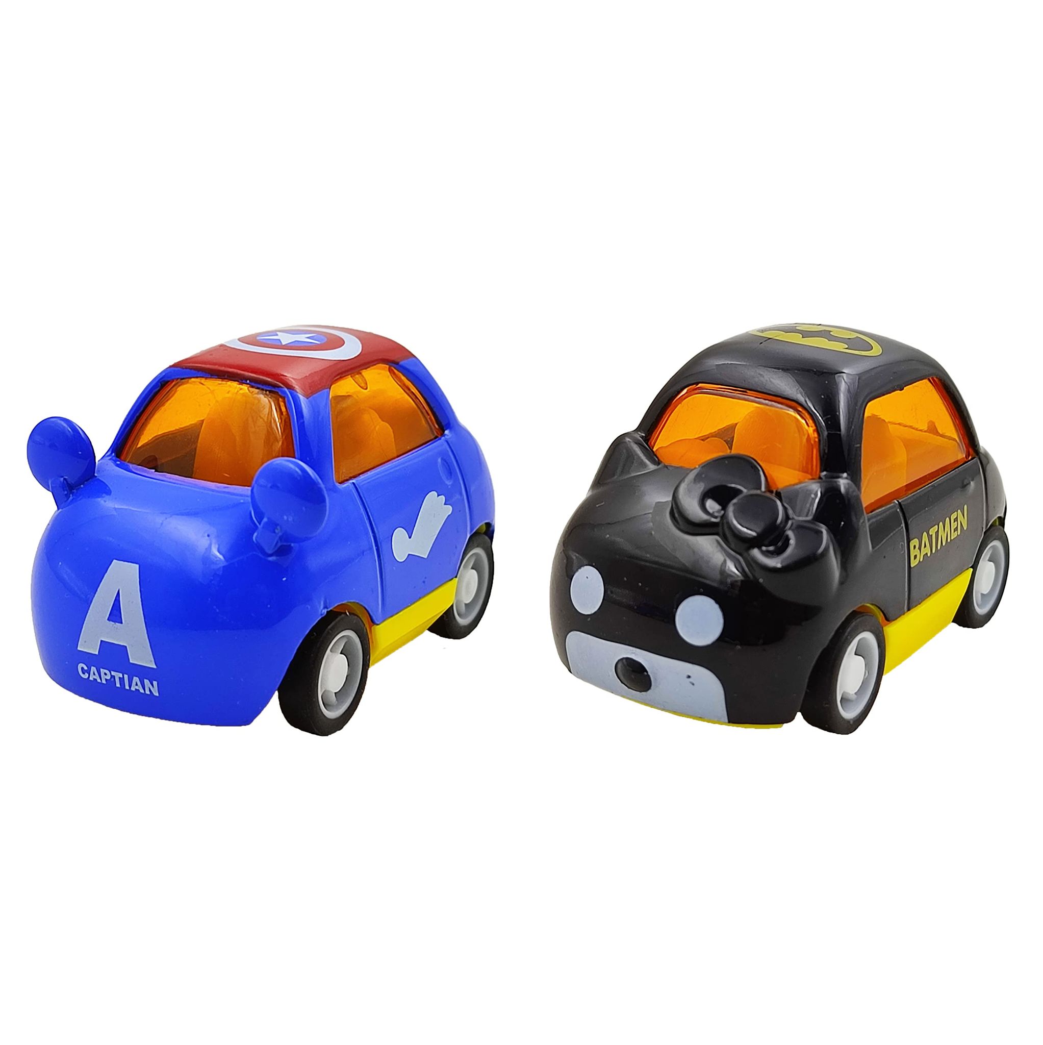 Humaira Mini Q Cute Cartoon Push & Go Pull Back Metal Die Cast Car Toy for Kids, Multi Color, Pack of 2