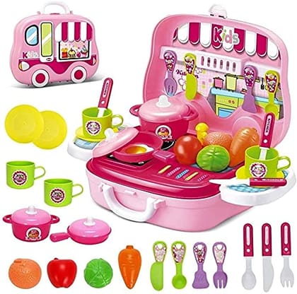 Humaira Kitchen Cook Playset Pretend Play Carry Along Briefcase Toy for Kids Girls, (Pink)