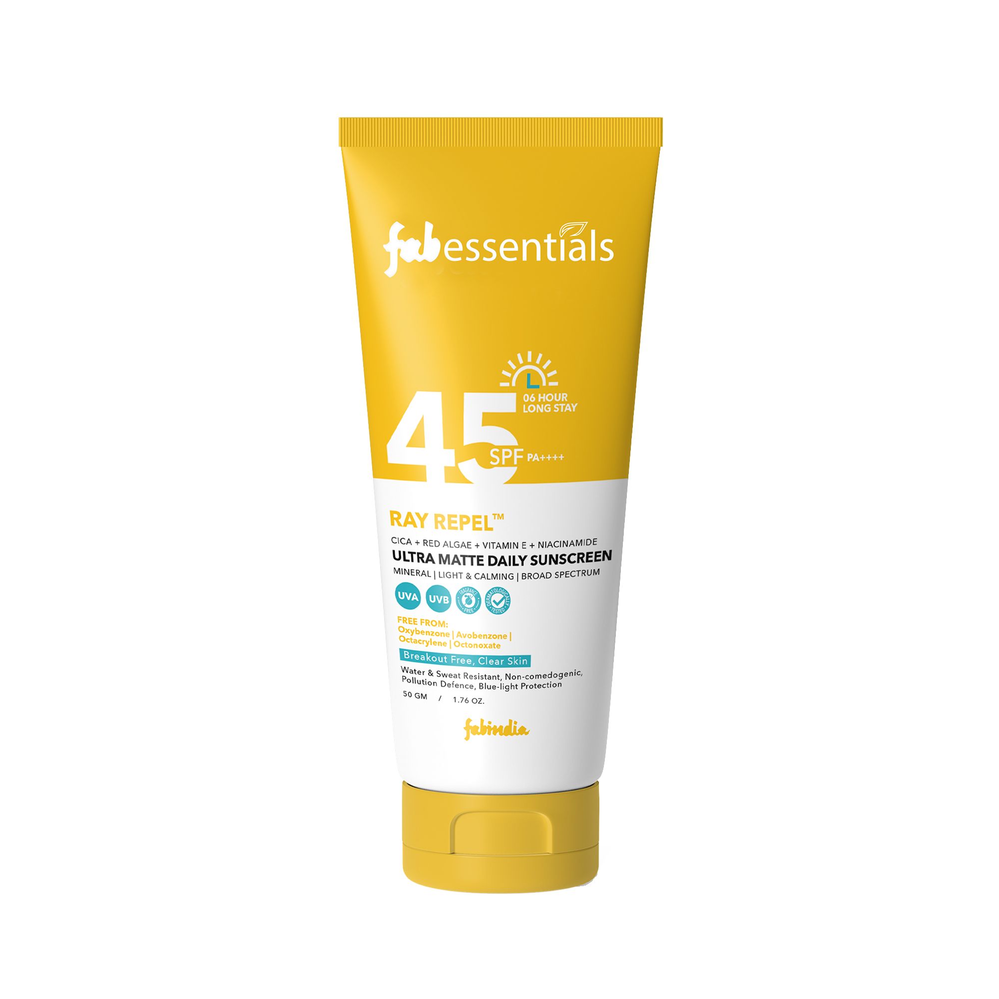 Fabessentials Ultra Matte Daily Sunscreen SPF 45 PA++++ -50 gm | High UVA/UVB Protection | Vitamin E and Niacinamide | Broad-Spectrum Protection | Skin Calming | Non-Greasy Formula| For All Skin Type | 6 Hrs. Sun Protection | Water & Sweat Resistant