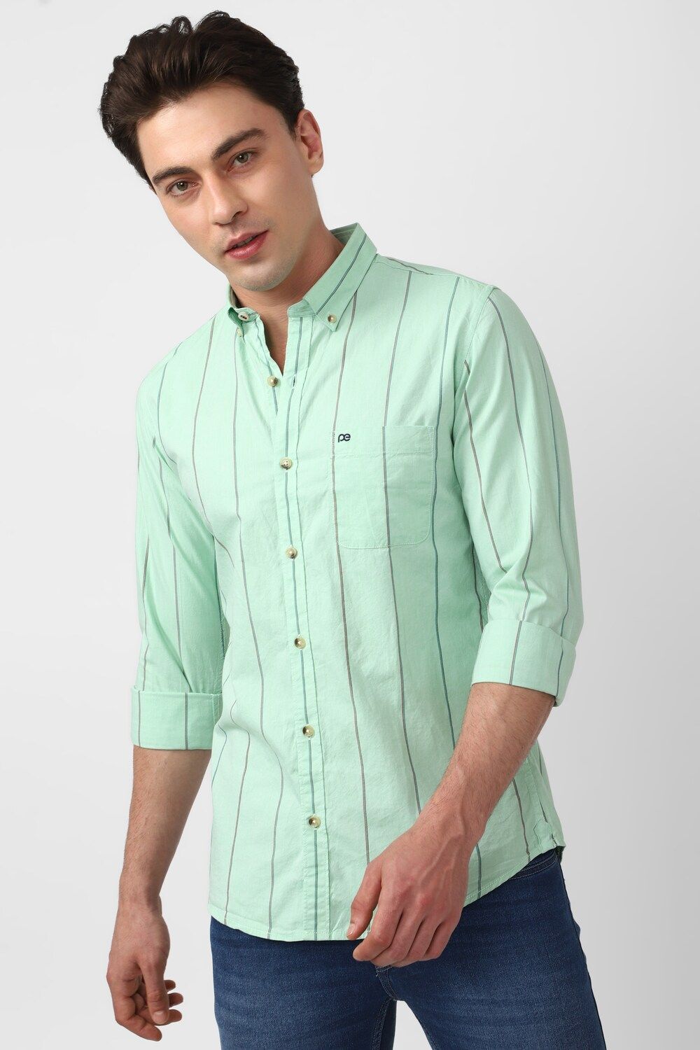 Men Green Slim Fit Stripe Full Sleeves Casual Shirt