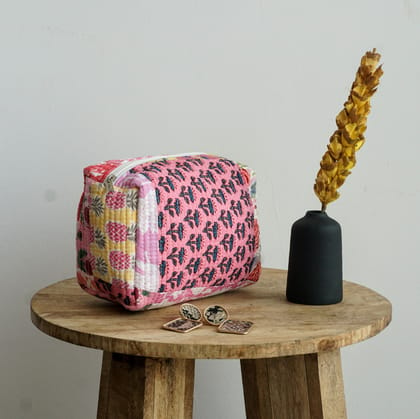 Handblock Print Travel Pouch | Light Pink