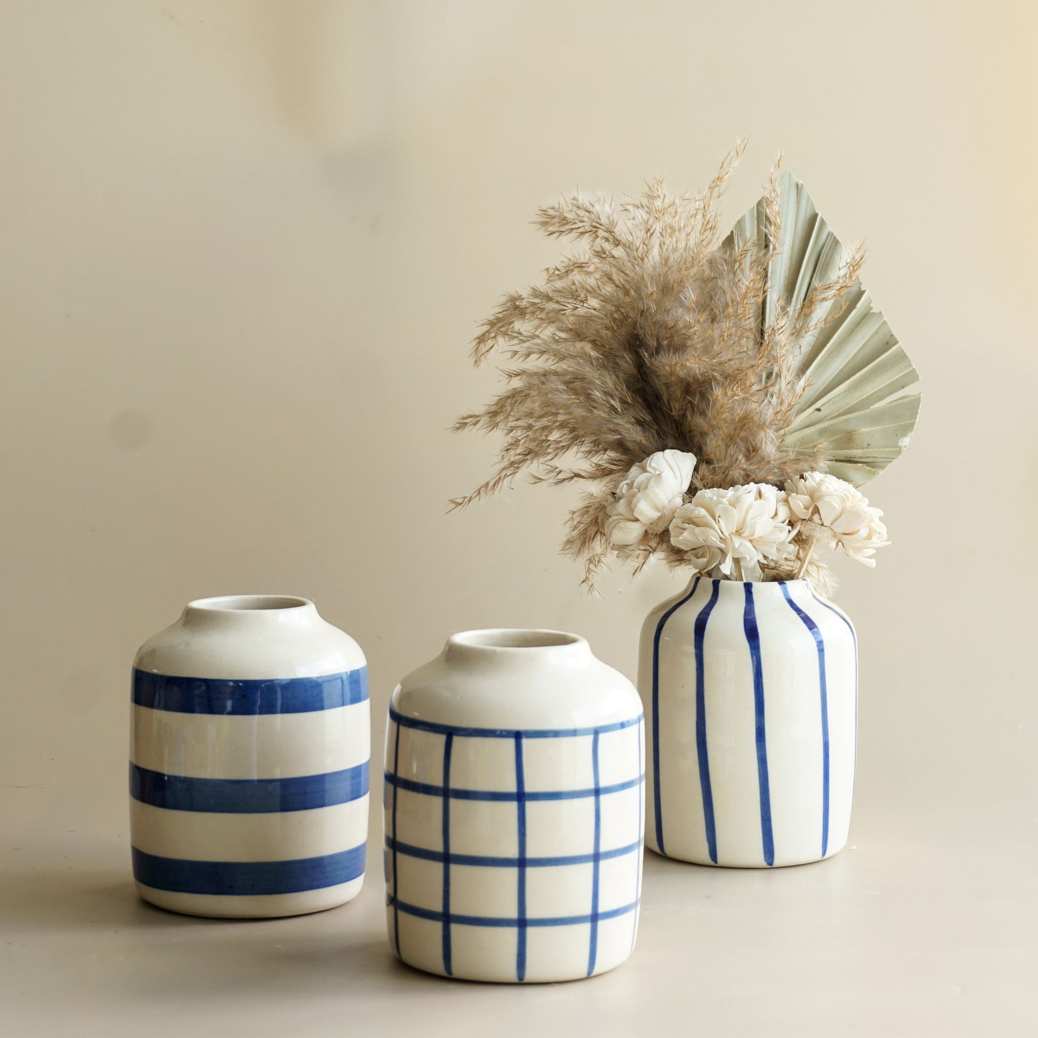 Old School Set of Three Vases with Dried Bunch