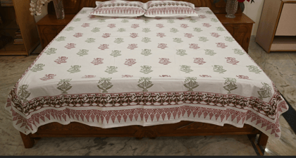 Bisttra Block Print White & Green Bed sheets