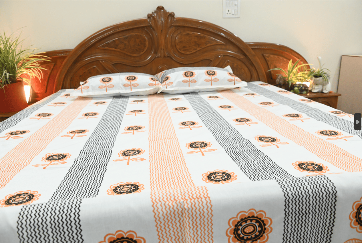 Bisttra Block Print Orang & White Bed sheets