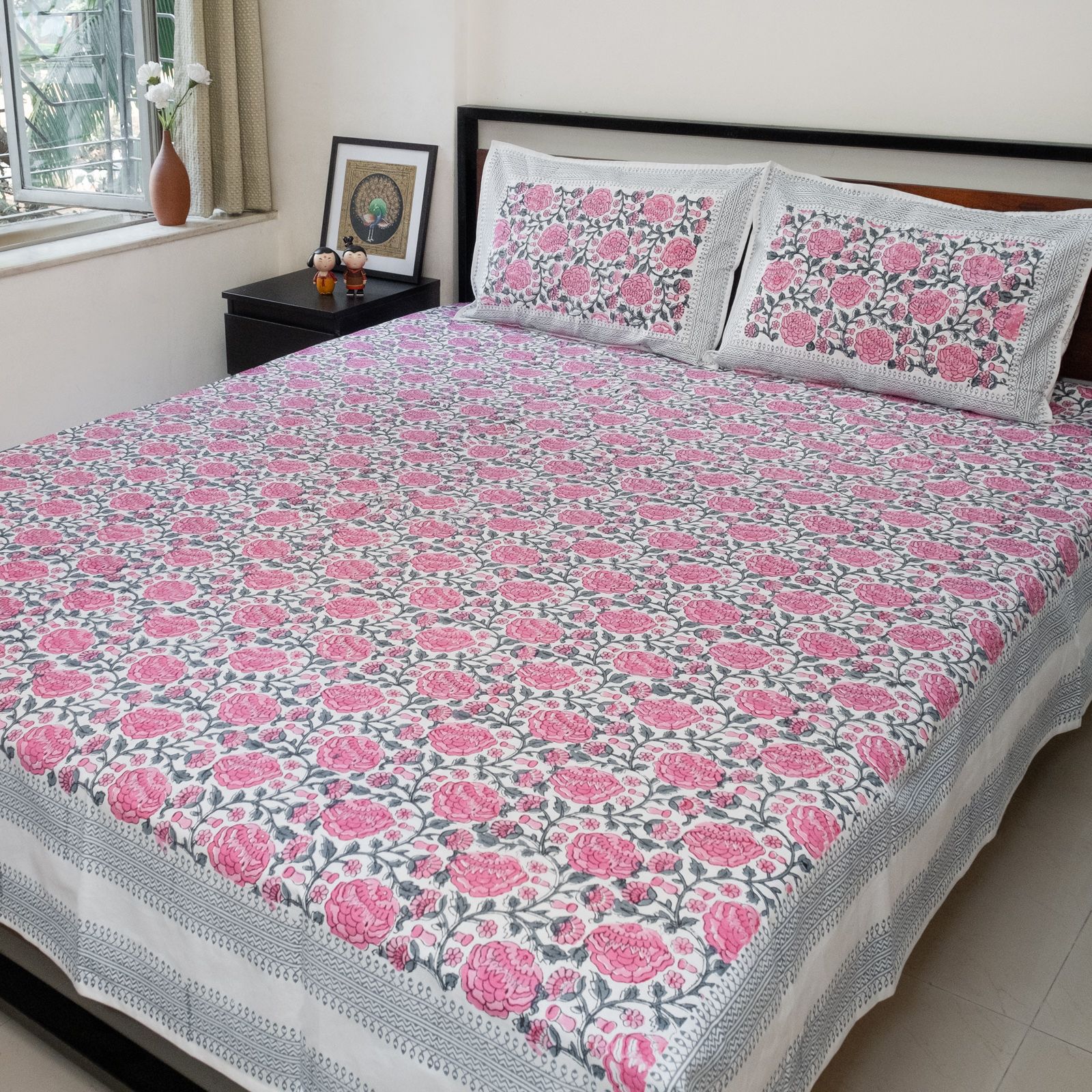 Pink and Grey hand block printed bedsheet