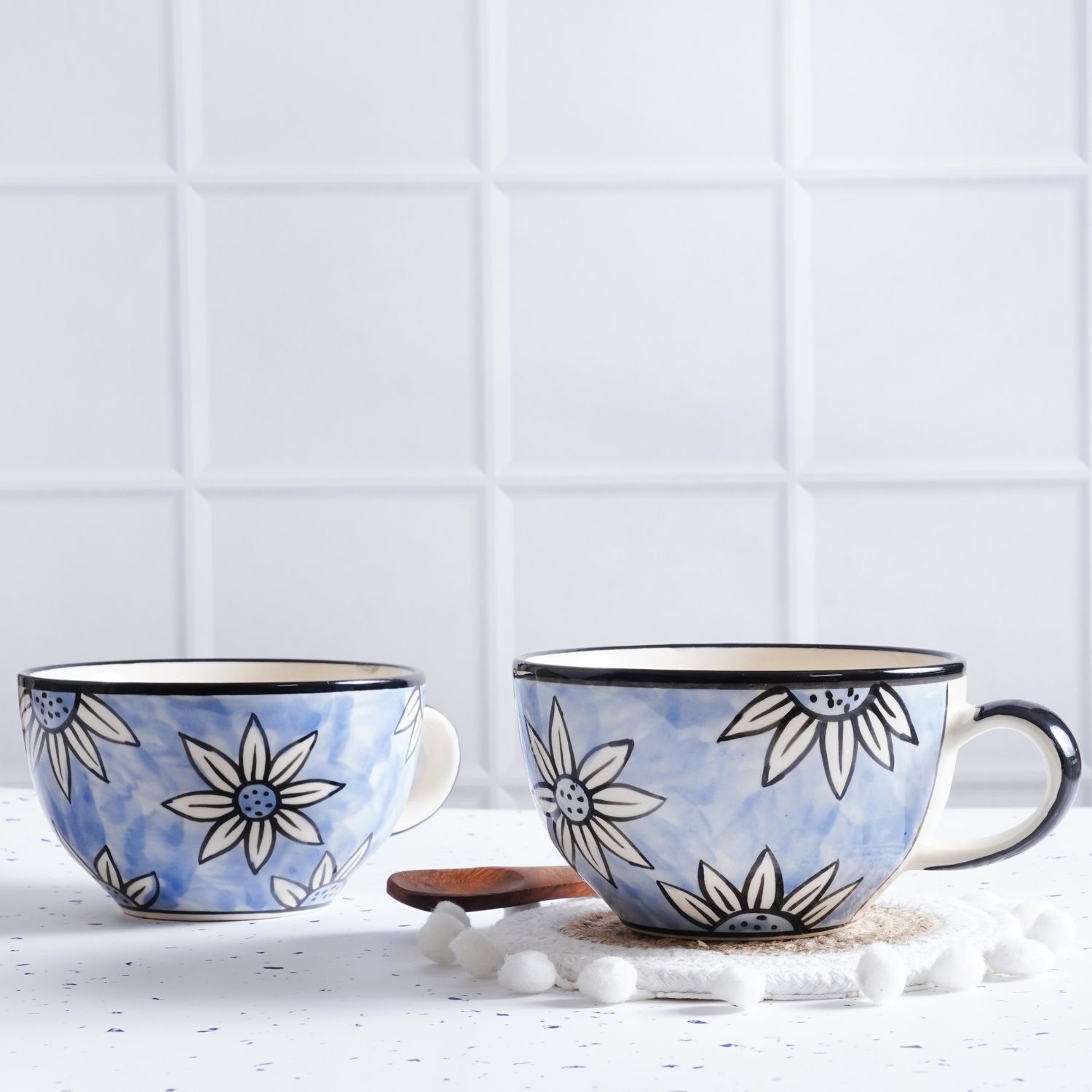 STOREPEDIA Handmade Floral Print Ceramic Soup Coffee Mug Cup Set of 2, 400ml Microwave Safe Jumbo Coffee Milk Soup Tea Chai Mugs Cups for Daily Home Office Use, Jumbo Large Size Blue Color