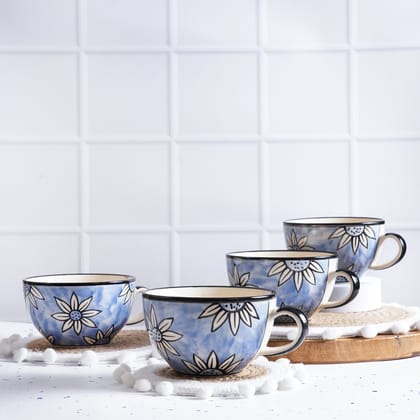 STOREPEDIA Handmade Floral Print Ceramic Soup Coffee Mug Cup Set of 4, 400mlMicrowave Safe Jumbo Coffee, Milk, Soup Tea Chai Mugs Cups for Daily Home Office Use, Jumbo Large Size Blue Color