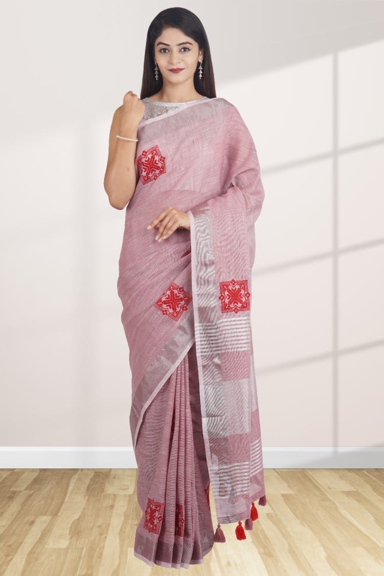 Lilac Linen Saree With Modish Work