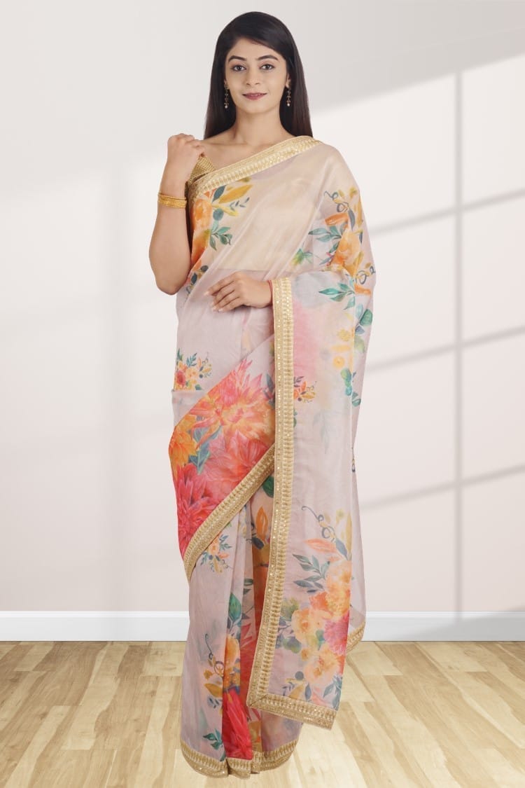 Cream Organza Floral Saree