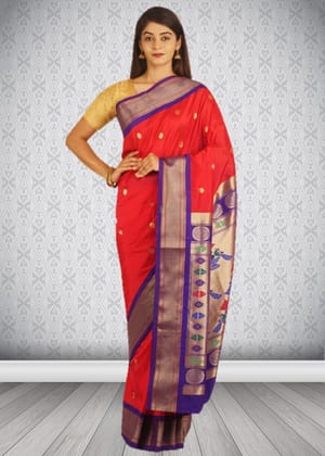 Pinkish Red Semi Silk Paithani Saree