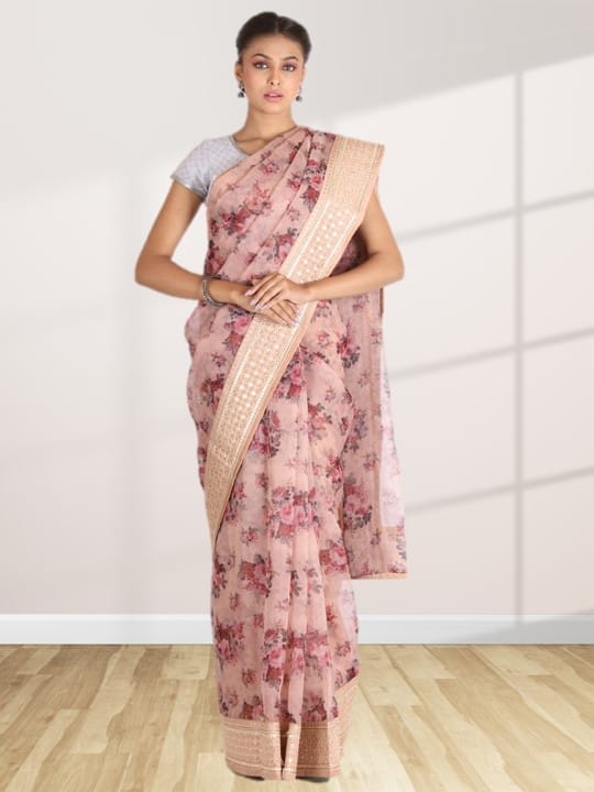 Beige Organza Floral Saree