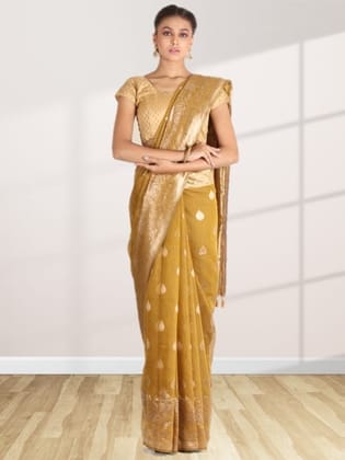 Mustard Linen Saree With Foil Print