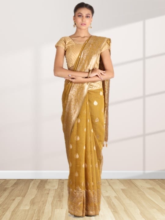 Mustard Linen Saree With Foil Print