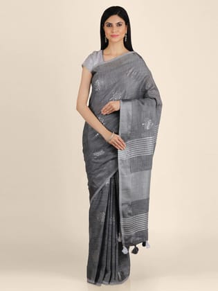 Grey Linen Saree With Foil Print