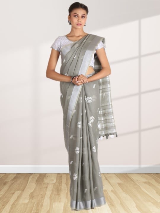 Grey Linen Saree With Foil Print