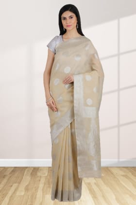 Beige Linen Saree With Foil Print