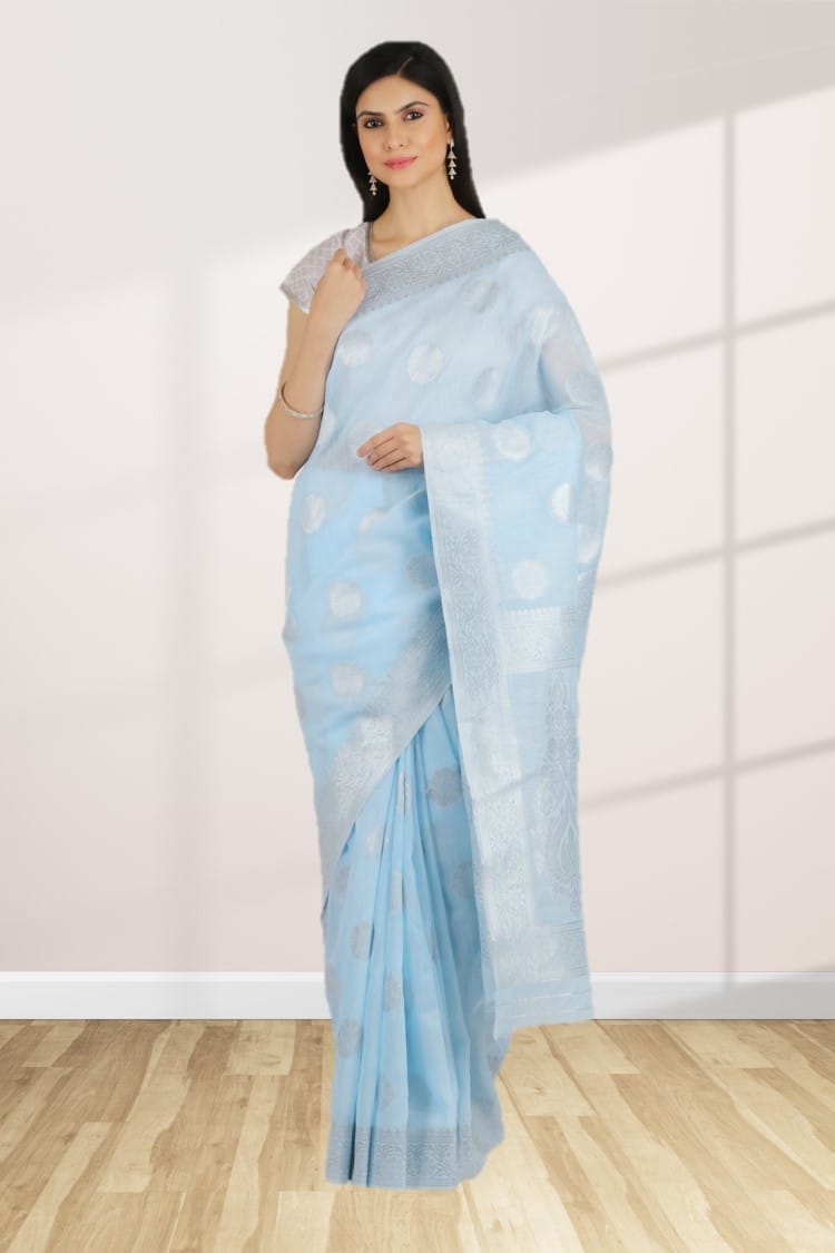 Sky Blue Linen Saree With Foil Print