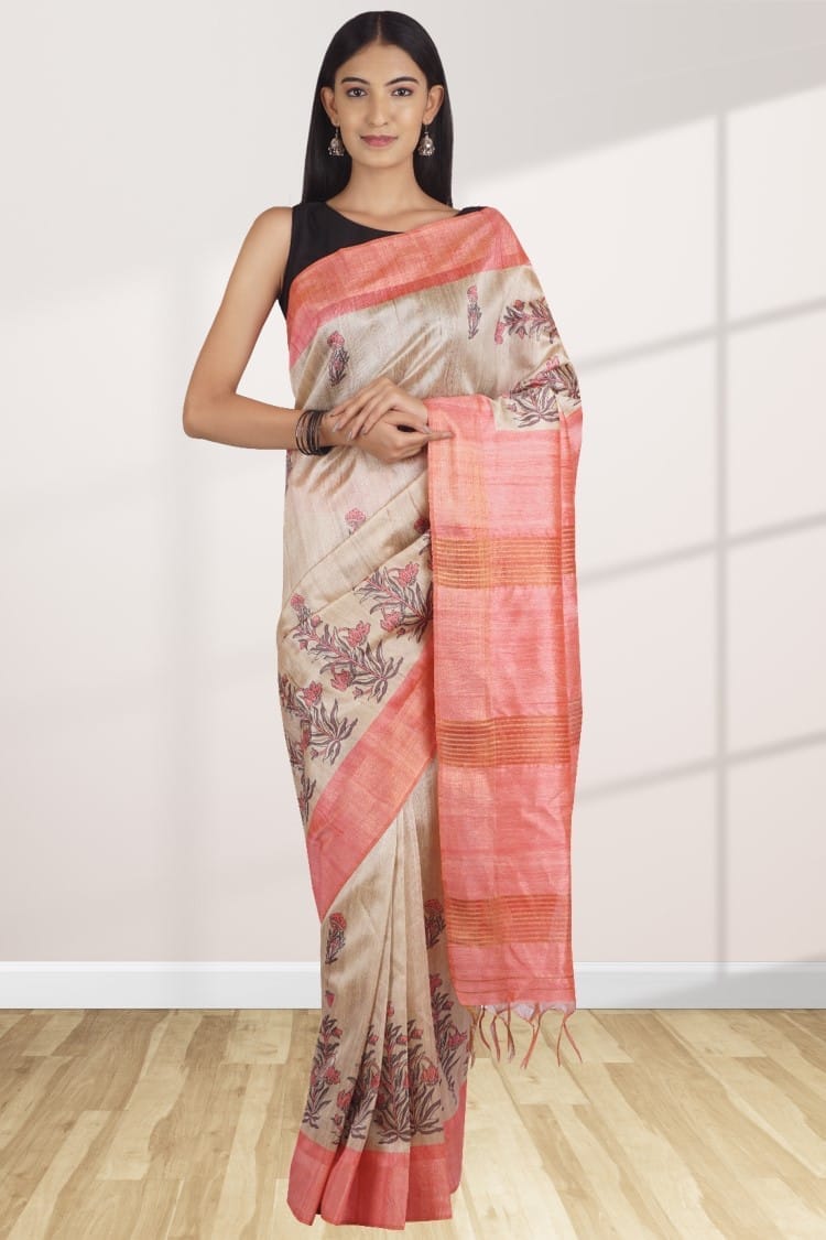 Cream and Pink Linen Saree