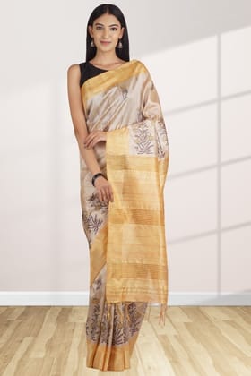 Cream and Yellow Linen Saree