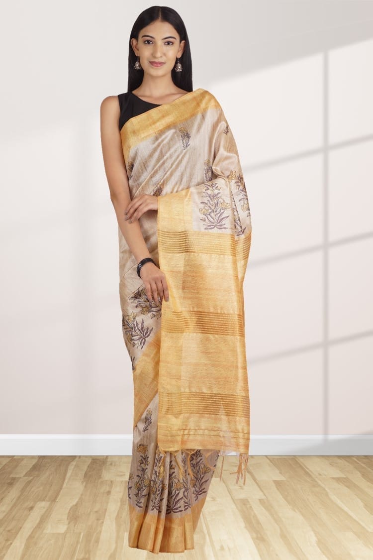 Cream and Yellow Linen Saree