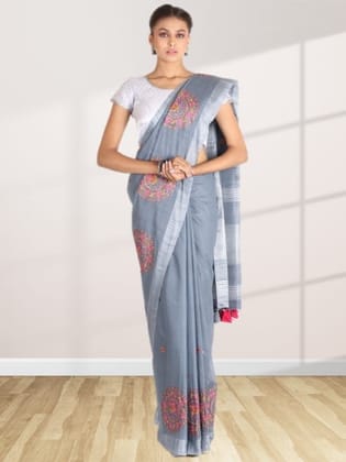 Grey Linen Saree With Modish Work