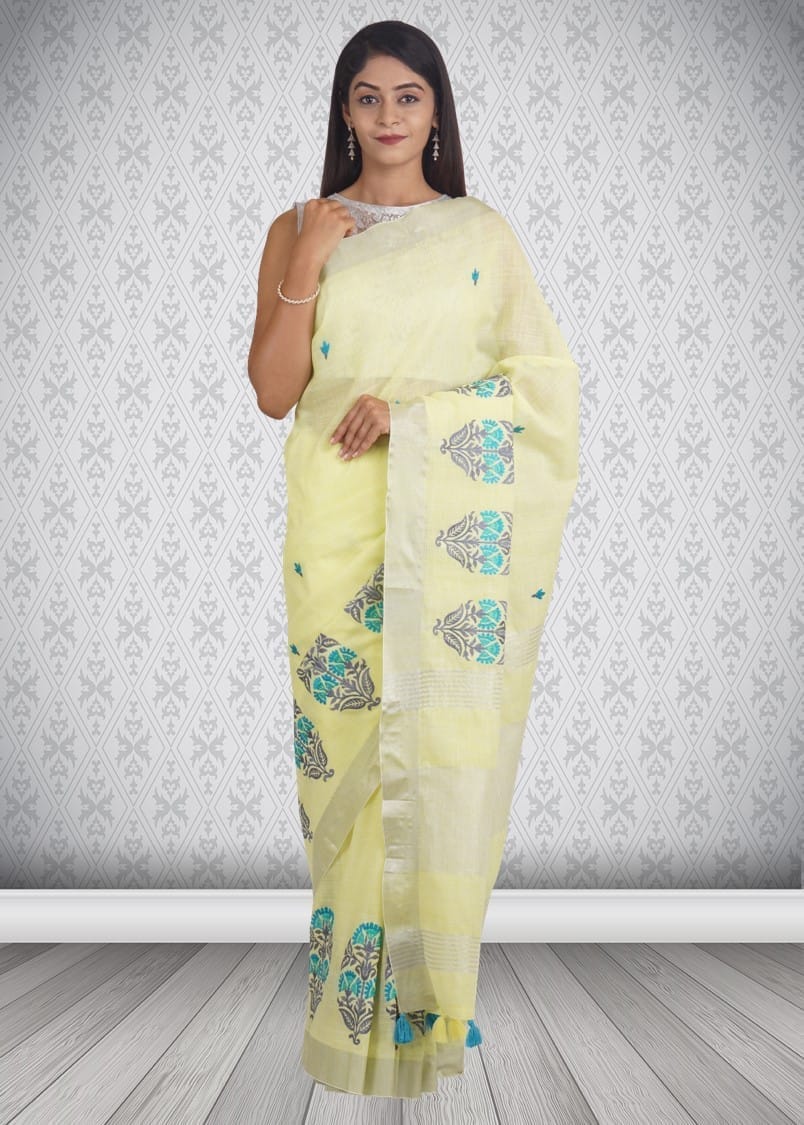 Yellow Linen Saree With Modish Work