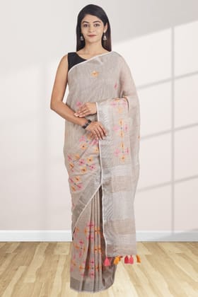 Beige Linen Saree With Modish Work