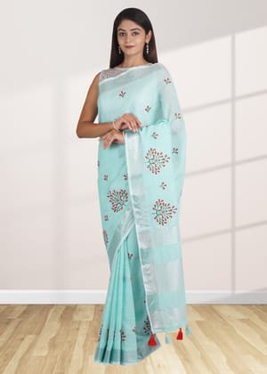 Sea Green Linen Saree With Modish Work