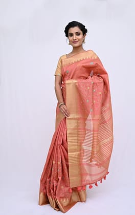 Beautiful Peach Tussar Saree With Modish Hand and Machine Work and Zari Border