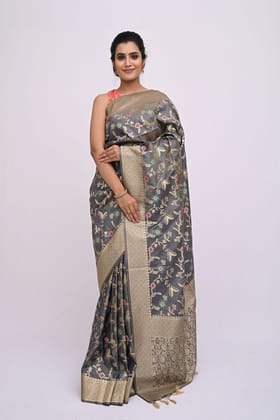 Enticing Metallic Grey Khadi Saree With Jaal Work and Zari Border