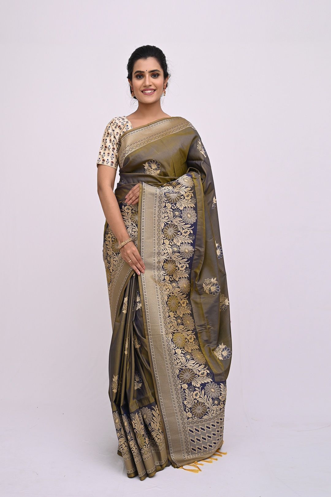 Alluring Sand Taupe Uppada Soft Silk Saree With Modish Design and Flawless Work