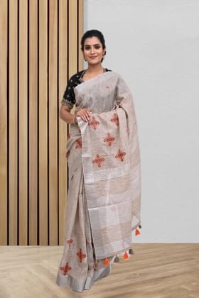 Beige Linen Saree With Modish Work and Resham Border