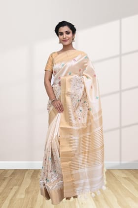 Cream Tussar Silk Saree with Contrast Border