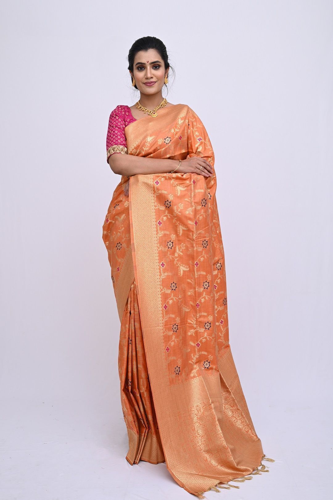 Enticing Orange Khadi Saree With Jaal Work and Zari Border