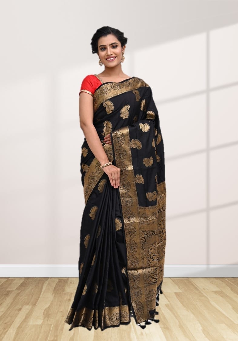 Black Semi Silk Saree With Modish Design and Zari Border