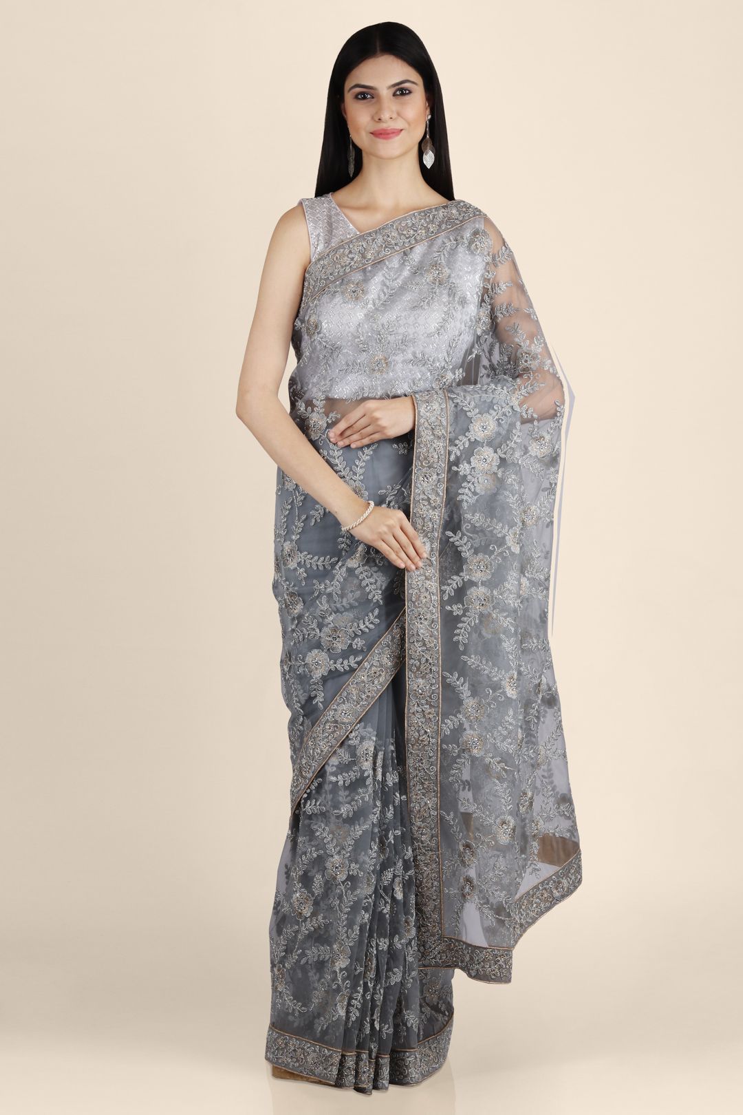 Steel Grey Net Embroidery Saree