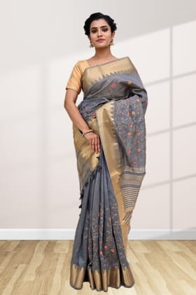 Grey Tussar Silk Saree With Modish Work and Zari Border